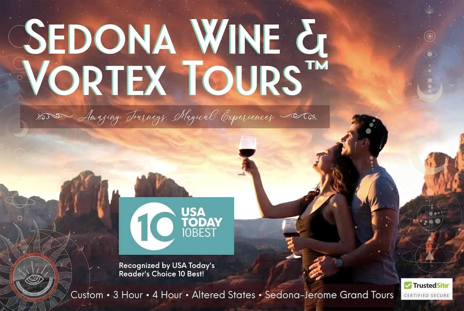 Happy couple enjoying wine at Sedona vortex sunset.