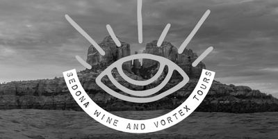 Sedona Wine and Vortex Tours brand logo with Cathedral Rock background
