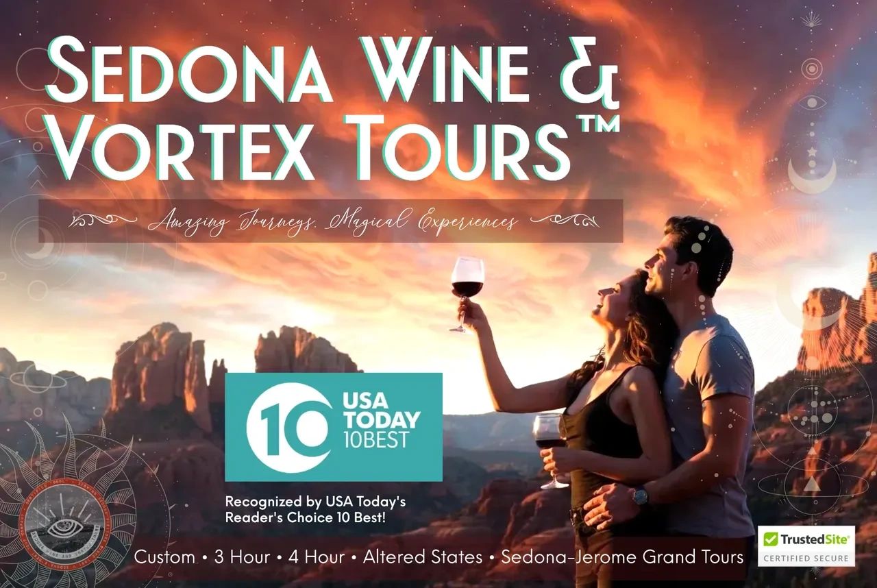 Happy couple enjoying wine at a Sedona vortex sunset