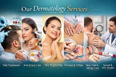 Collage showcasing various dermatology services including hair treatments, acne care, skin brightening, psoriasis care, nail care, and HIV health.