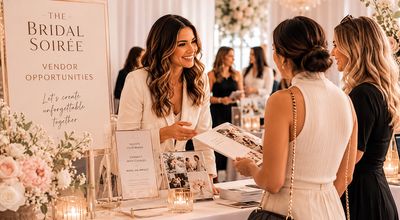 Women engaging at a bridal vendor event with elegant decor.