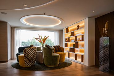 Danube River cruise public area with round table and chairs (Gay River Cruise 2027).