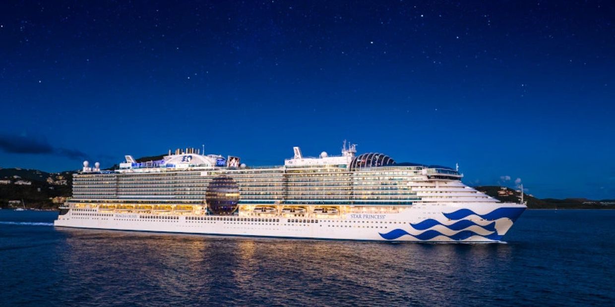 “Star Princess cruise ship at sea at night during the Caribbean Gay Cruise (Nov 14–21, 2026)
