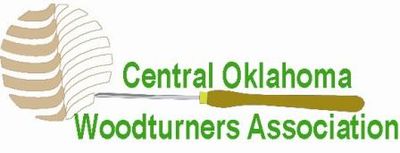 Logo of Central Oklahoma Woodturners Association with wood lathe tool and wood shavings.