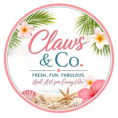 Logo featuring tropical flowers and starfish, promoting nail art.