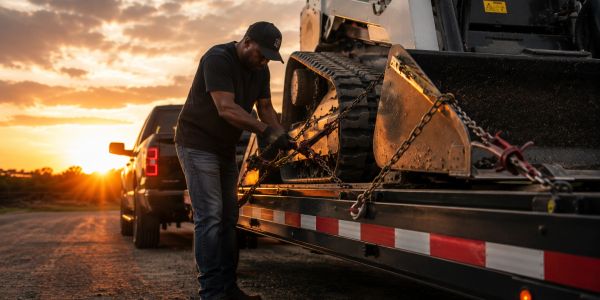 Man securing a loader on a trailer during sunset.