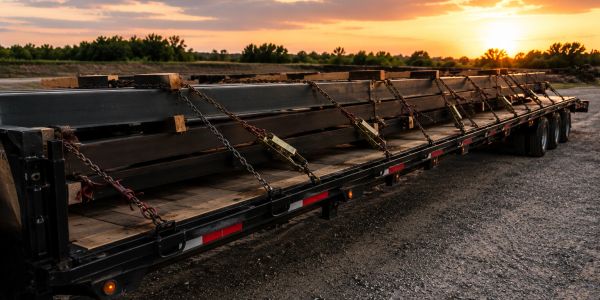 Flatbed trailer loaded with steel beams secured by chains at sunset.