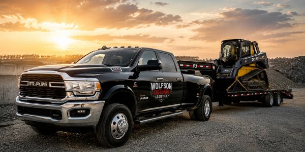 Black RAM truck towing a Deere skid steer on a trailer at sunset.