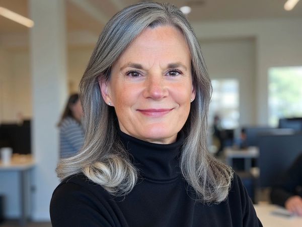 Smiling woman with gray hair in black turtleneck sweater.
