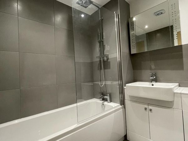 Elegant bathroom interior with gray walls