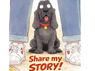 Cartoon dog with a red collar and text 'Share my story!'.