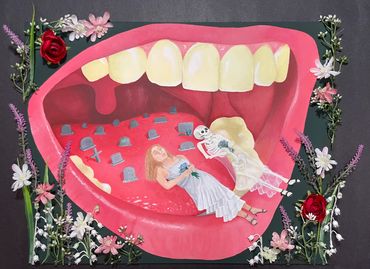 "Your name haunts my lips"
18.5 x 16
Acrylic, oil, fake flowers