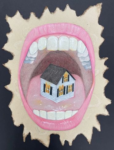 "Burning Memories"
Color Pencil, card board, paper, acrylic paint