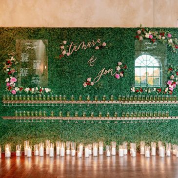 Champagne wall new orleans rental wedding hedge wall Calfee Productions On Fire Entertainment 