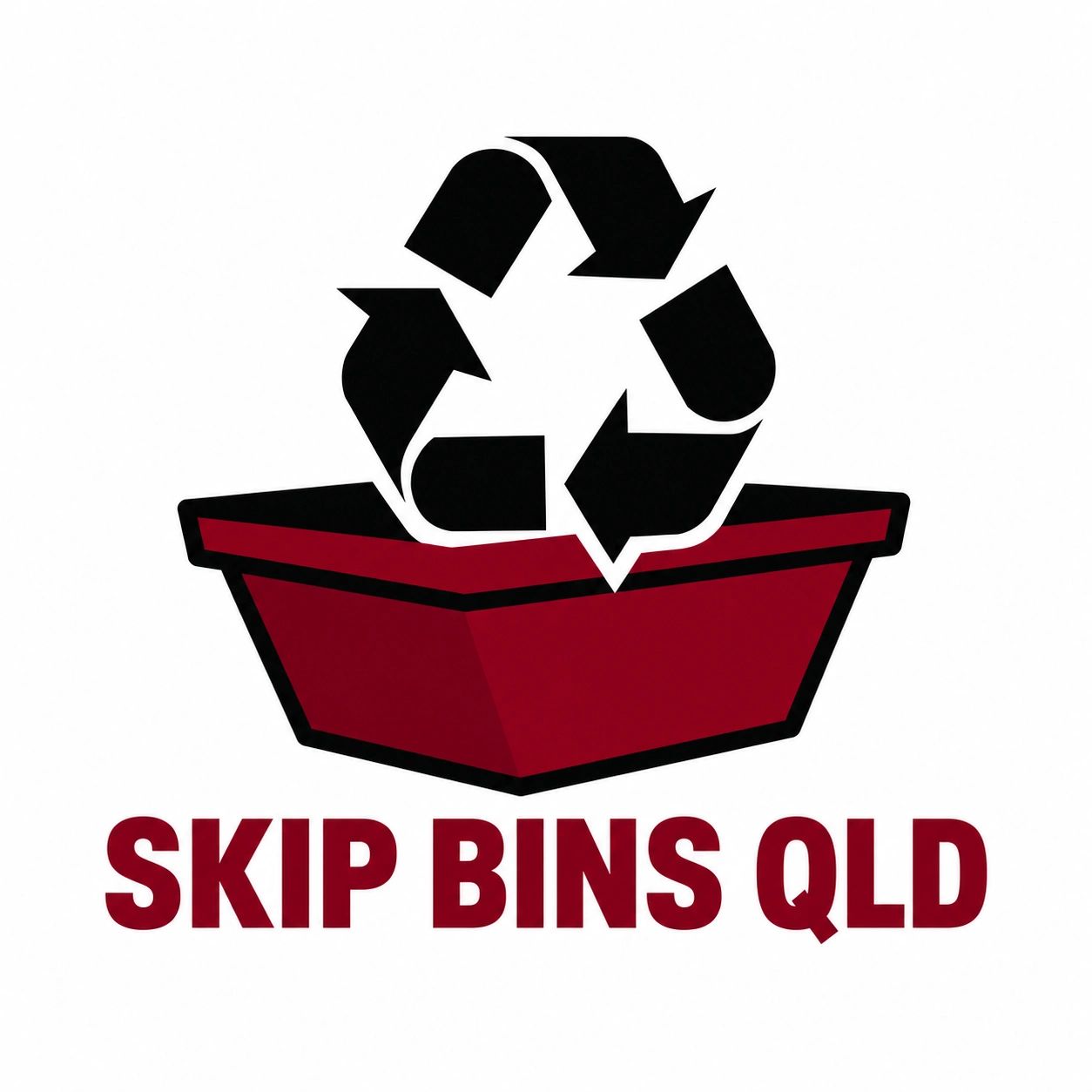 Logo featuring a red skip bin and black recycling symbol with text 'SKIP BINS QLD'.