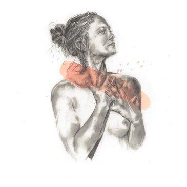 Artistic sketch of a woman with a contemplative expression and soft red highlights.
