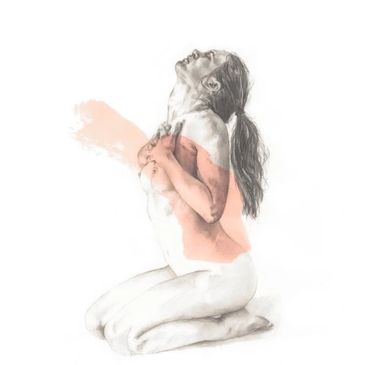 Sketch of a woman kneeling, embracing herself with a soft peach brushstroke.