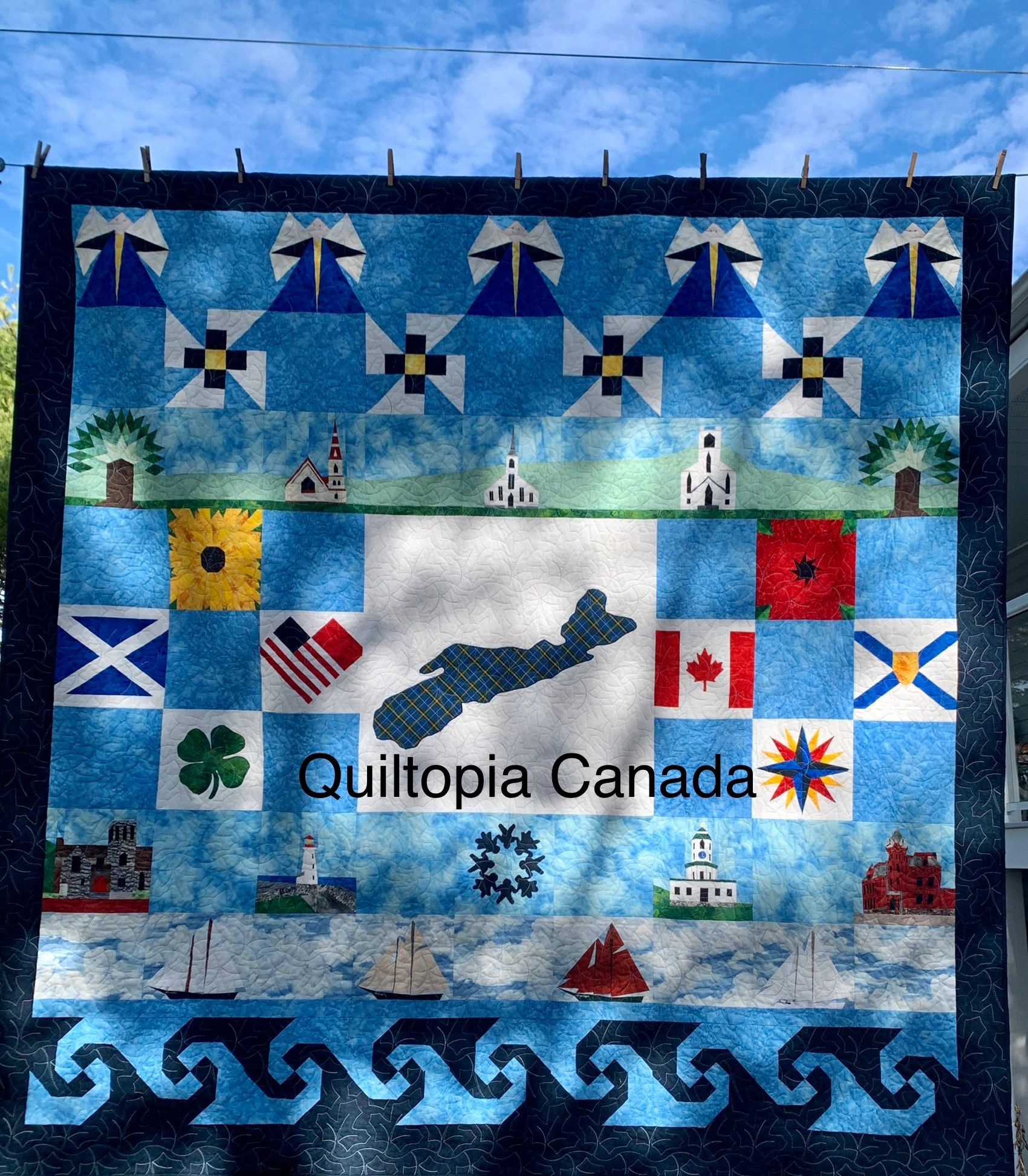 Custom Quilt Design Bluenose Town Clock Peggys Cove Mahone Bay Churches Family Faith Heritage Story