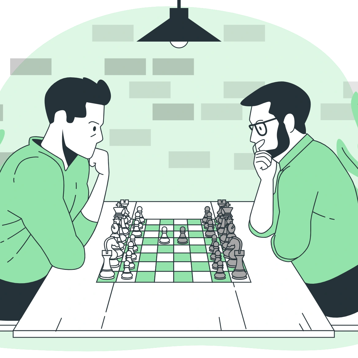 Two men intensely playing a game of chess at a table.