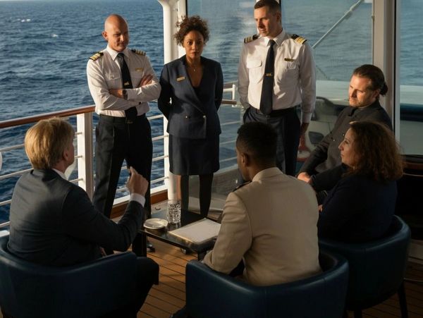 Crew and passengers in a serious meeting on a ship's deck with ocean view.
