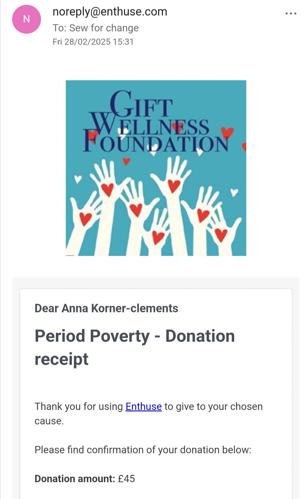 A screen shot of email confirmation of donation of £45