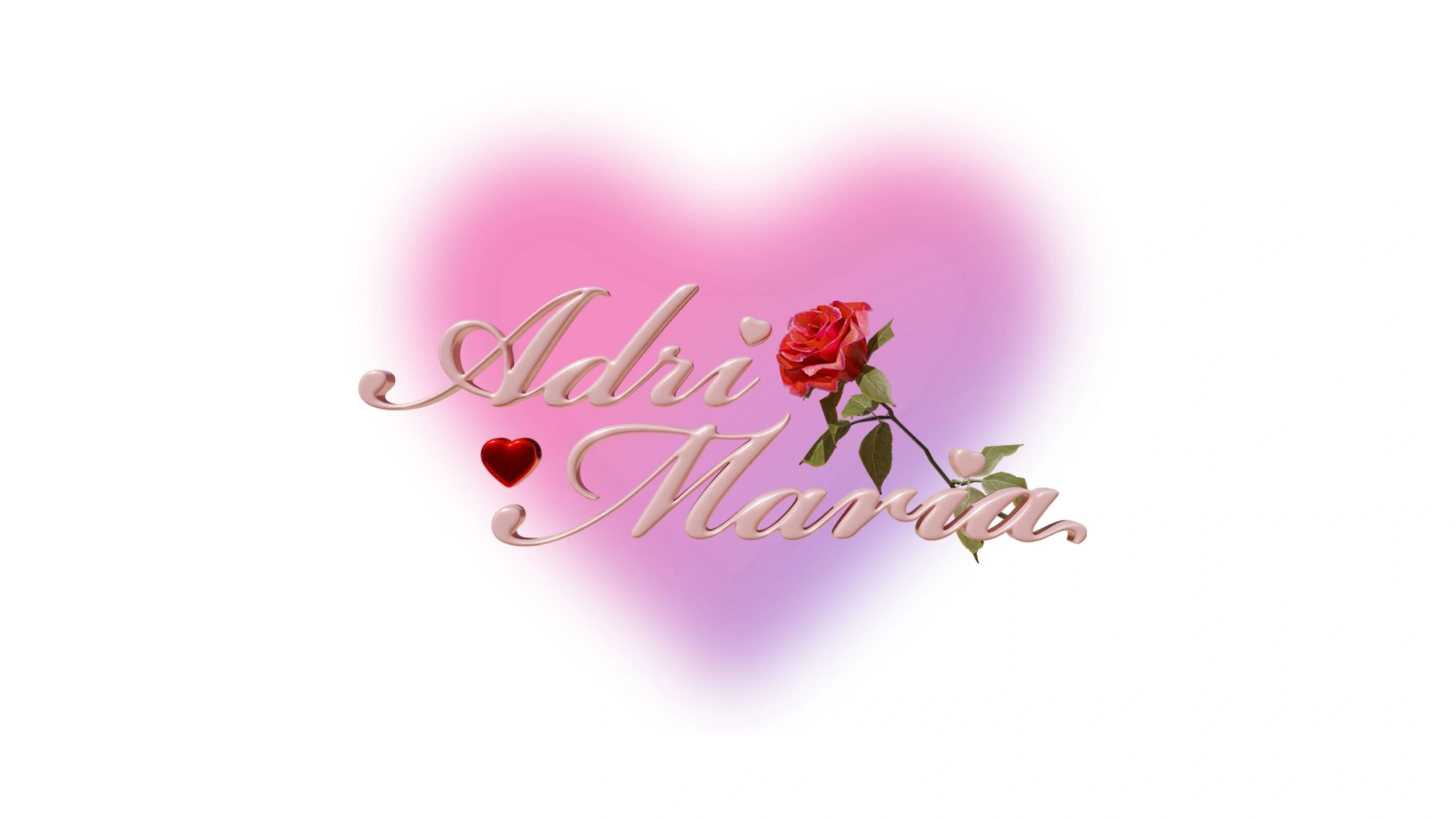 Romantic text 'Adri Maria' with hearts and a red rose on a pink heart background.