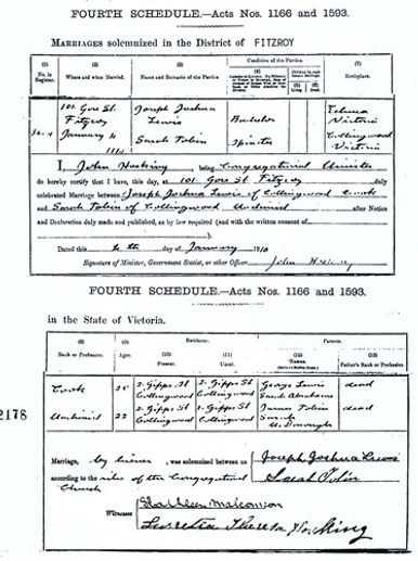 Marriage of Sarah Tobin and Joseph Lewis in Fitzroy, Melbourne.
