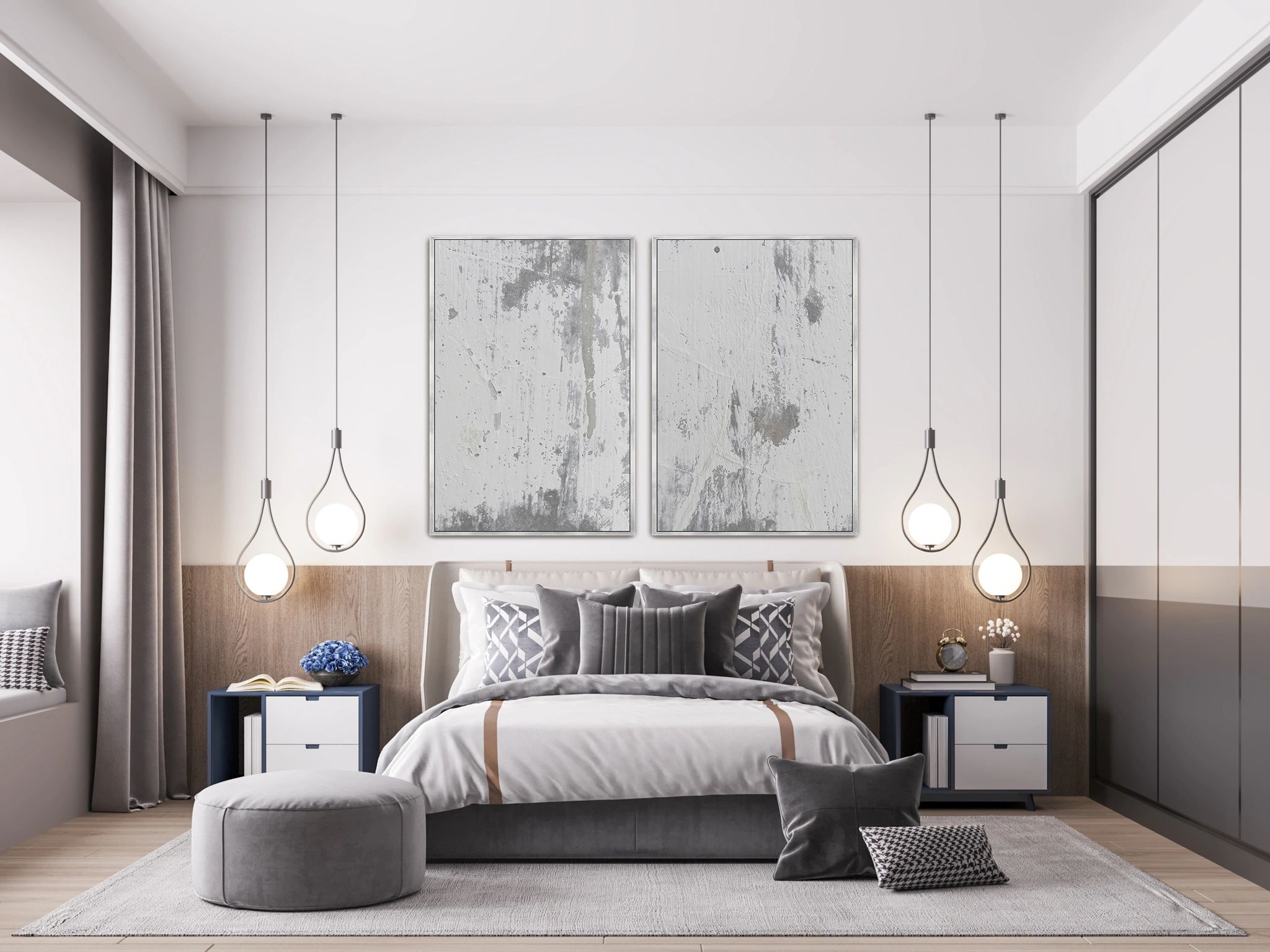 Modern bedroom by Maria Rose Designs featuring oversized abstract art and neutral interior design.