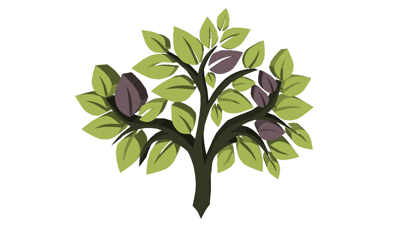 Green tree with five purple leaves.
