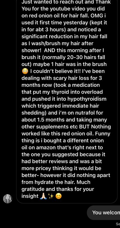 A viewer thanking me for helping her with her hair restoration journey!