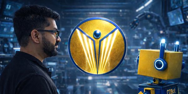 Man and robot facing each other with a glowing emblem between them in a futuristic setting.