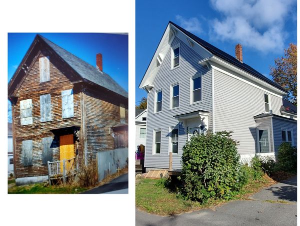 Old dilapidated house next to the same house fully renovated and painted.