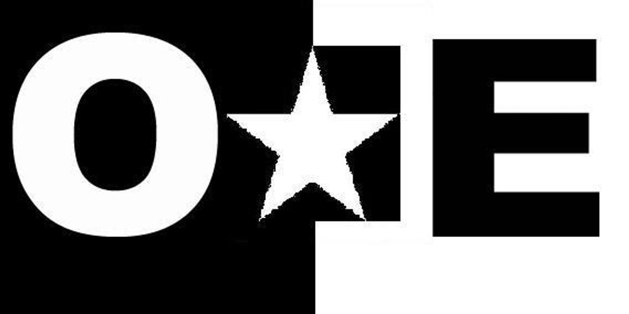 Black and white graphic with letters O, star, and E in contrasting halves.