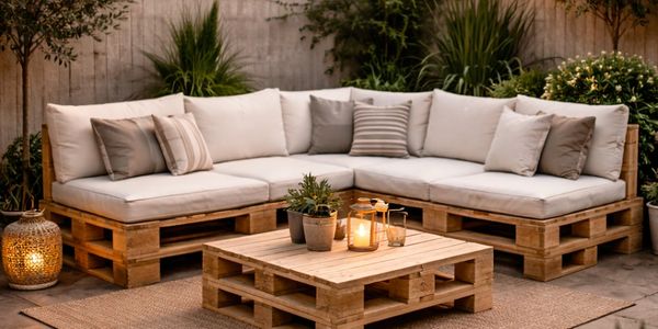 Outdoor pallet furniture with cushions and candles.