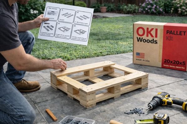 Person assembling a wooden pallet kit outdoors.