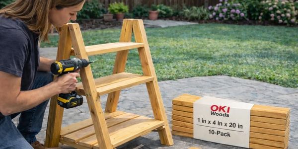 Person assembling wooden shelves outdoors.