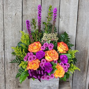 Orange and purple, birthday arrangement 