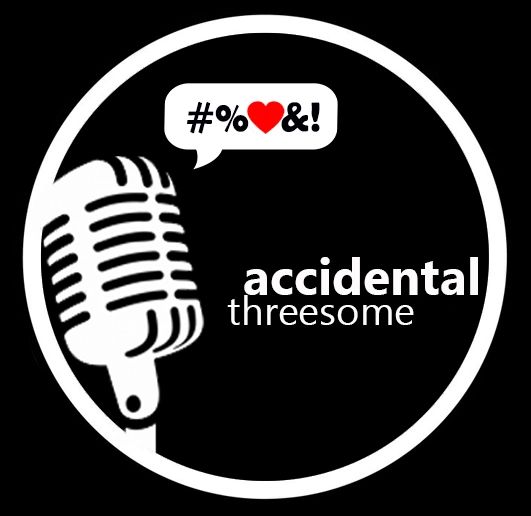 Retro microphone with speech bubble and 'accidental threesome' text logo.