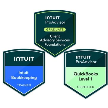 Three Intuit certification badges for bookkeeping and QuickBooks.