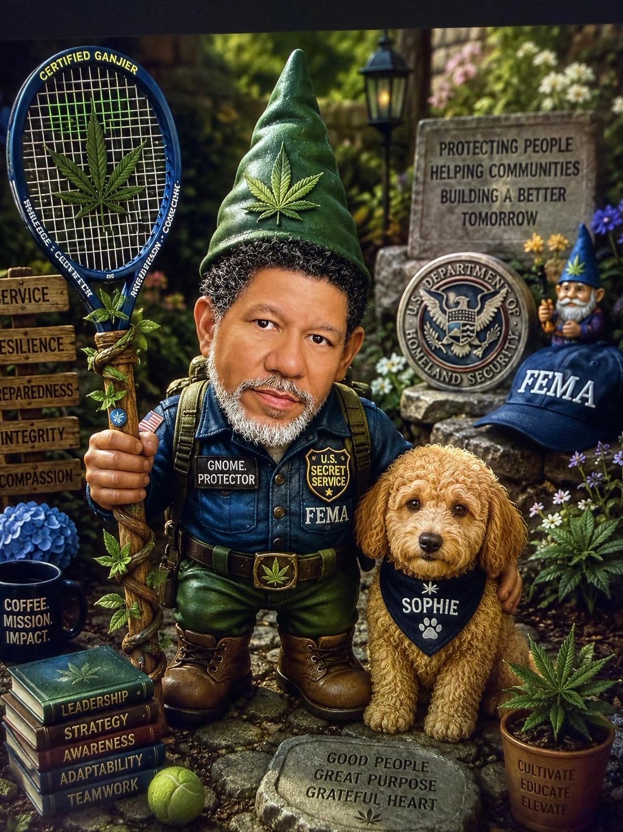 William C Linsey Jr dressed as a gnome with a puppy version of Sophie the muse behind Dog Bomb Balle
