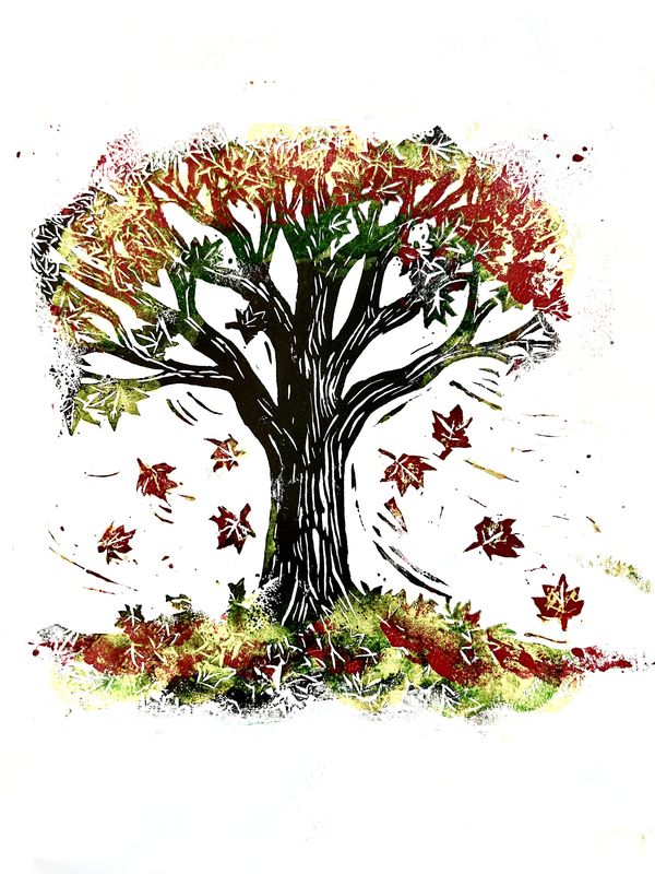 Maple tree with Autumn colors and falling leaves