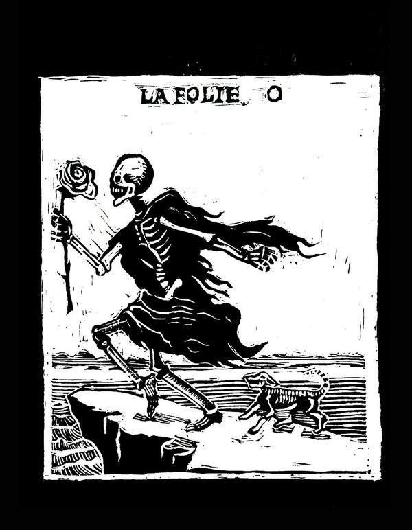 A skeleton with a cape and flower walks alongside a skeletal dog on a cliff.