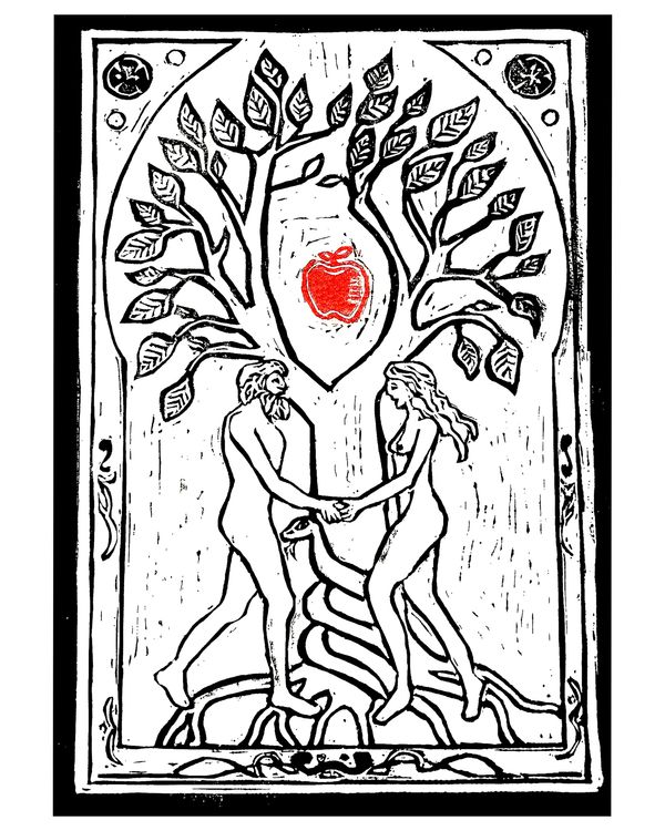 Adam and Eve in the Garden of Eden with an apple in a tree