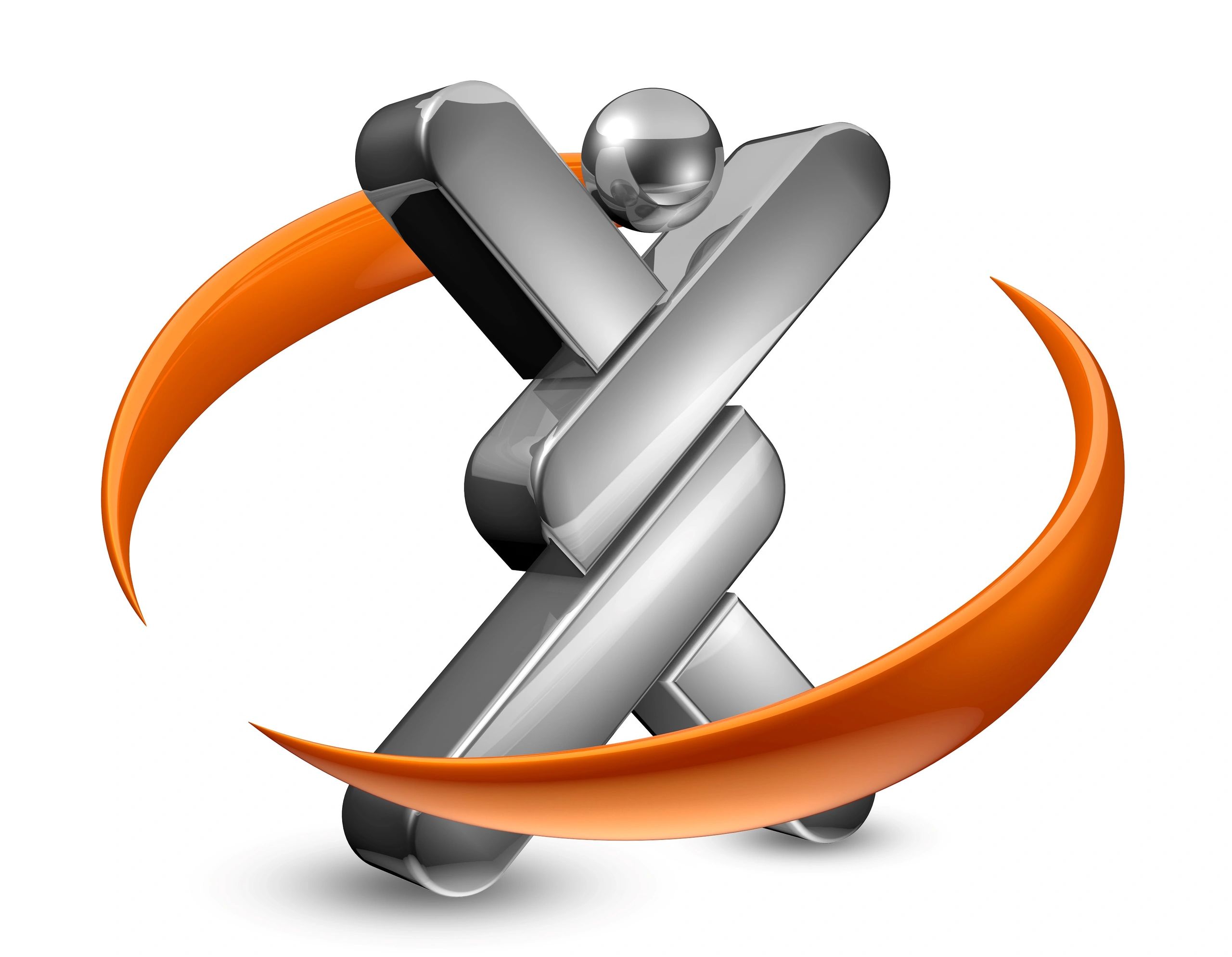 Abstract metallic human figure surrounded by an orange swirl.