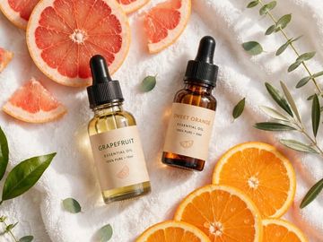 Essential oils with grapefruit and sweet orange slices.