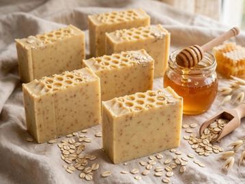 Handmade oat and honey soap bars with jar of honey.