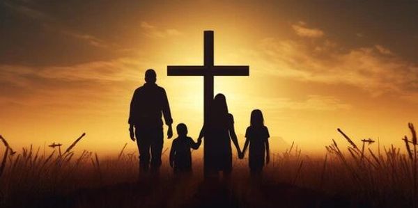 Family holding hands near a cross at sunset in a field.