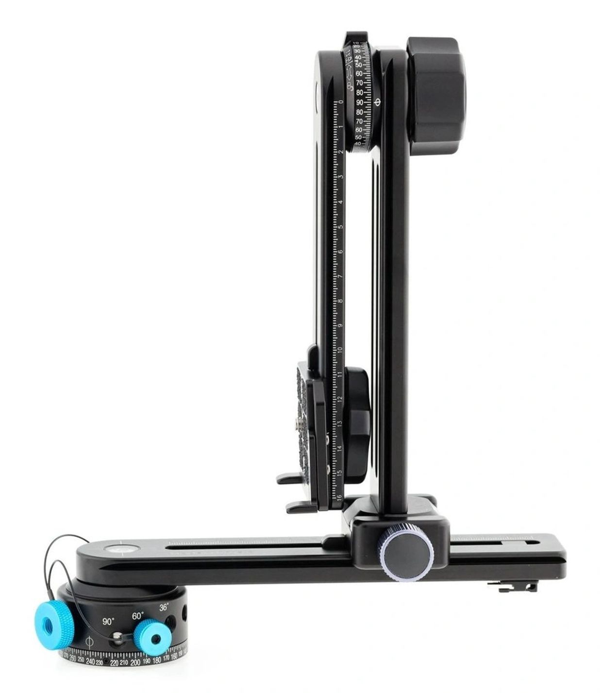 Black precision adjustment tool with blue knobs.
