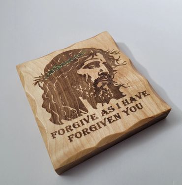 Jesus birchwood wood plaque for the table or shelf. Forgive as I have forgiven you. Daily reminder.