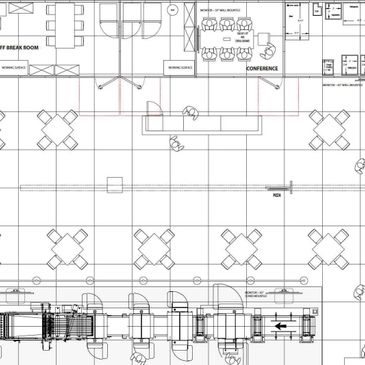 Architectural floor plan showing office layout with conference and break rooms.